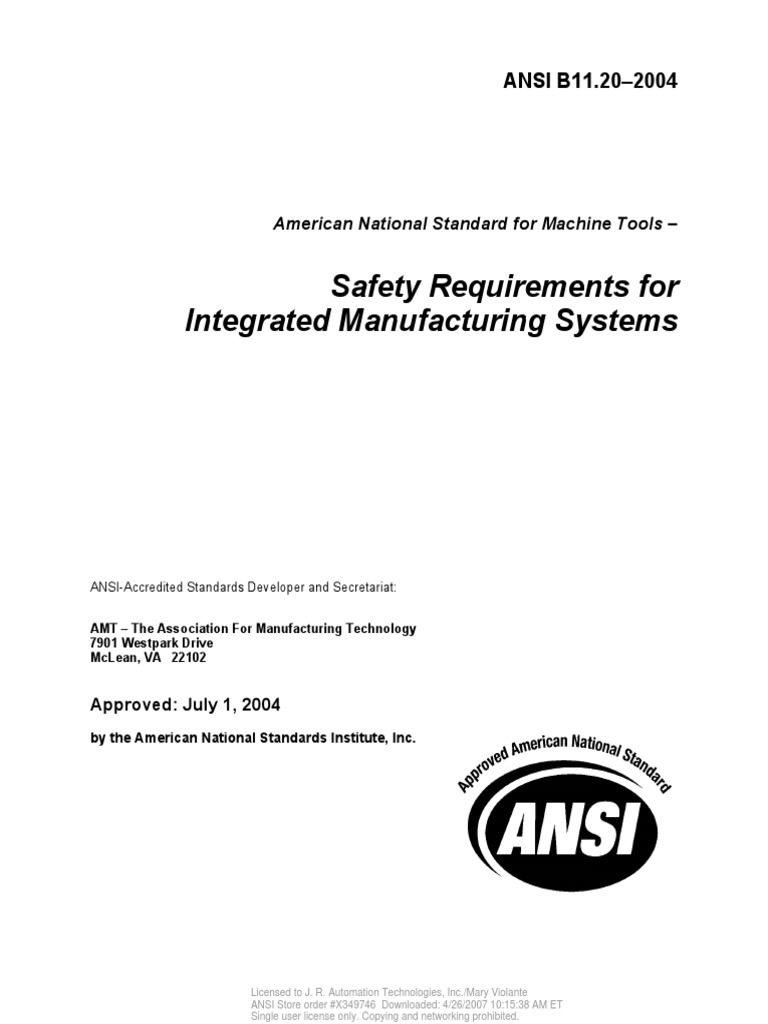 Ansi b11 20 safety requirements for integrated manufacturing systems