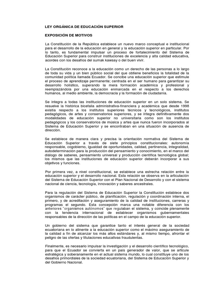 Ley de Educación Superior en Ecuador | PDF | Educación más alta ...