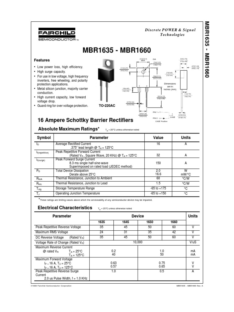 Mbr1645 Schottky Diode Datasheet PDF