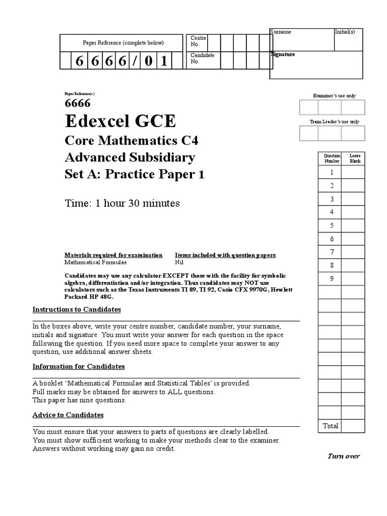 904 - C4 Practice Paper A1 | PDF | Equations | Trigonometric Functions