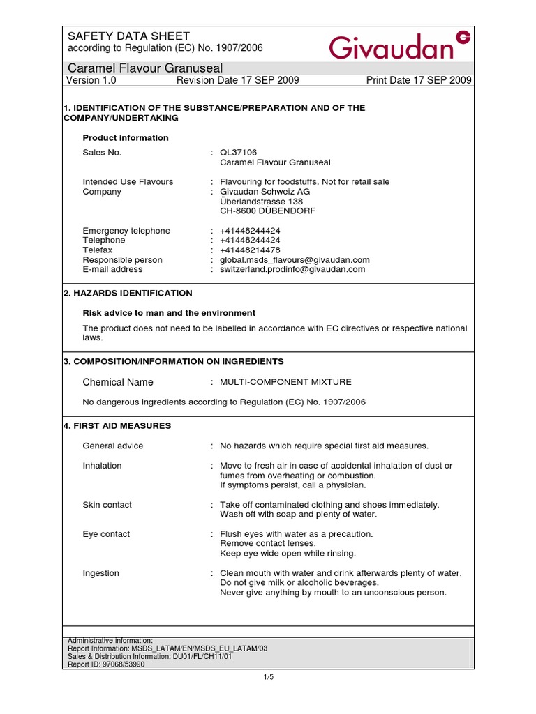 Caramel Flavour Granuseal Safety Data Sheet | PDF | Safety | Chemistry