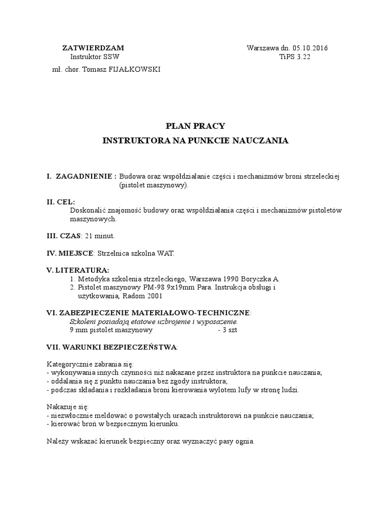 Plan Pracy Instruktora Na Punkcie Nauczania