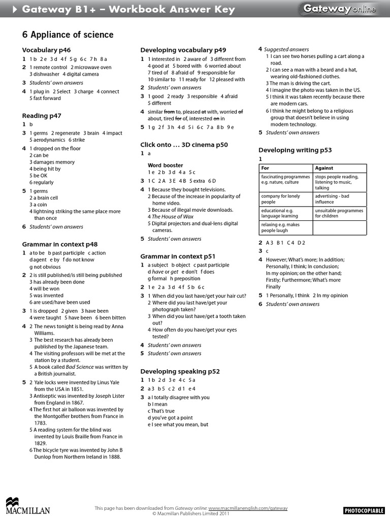 Gateway B1 Workbook Answers Unit 6