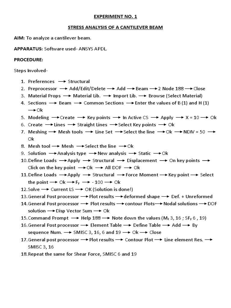 Experiment No 1 Stress Analysis Of A Cantilever Beam Aim To Analyze A