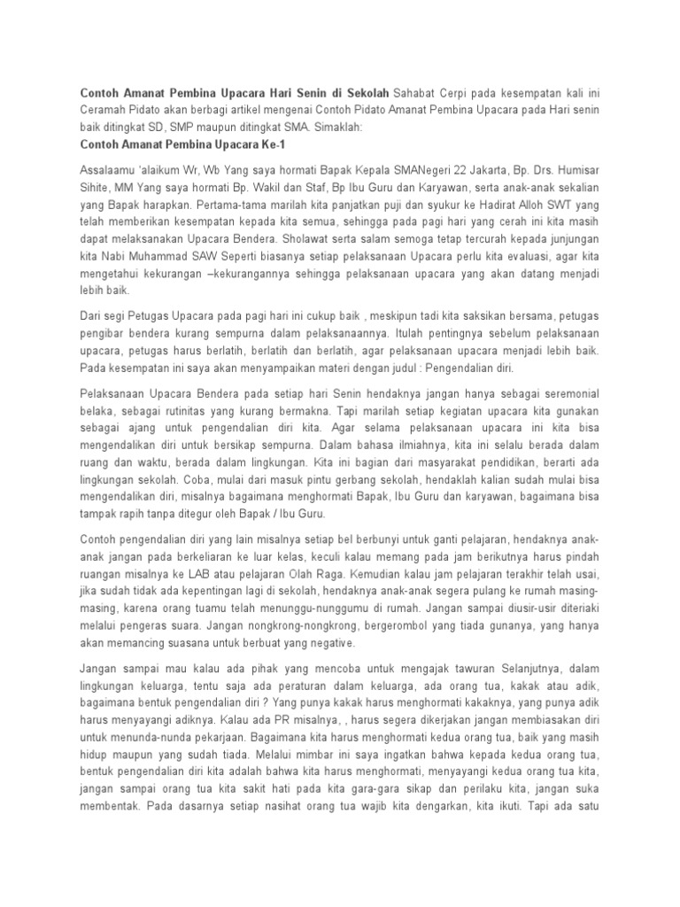 Contoh Amanat Pembina Upacara Hari Senin Di Sekolah