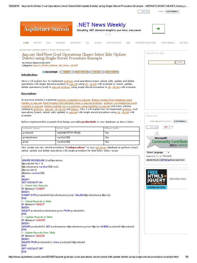 GridView Crud Operations (Insert Select Edit Update Delete) Using