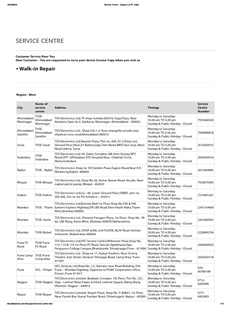 HTC Service Centers Across India | PDF