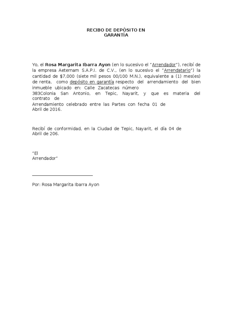 Formato Recibo de Depósito en Garantía Persona Física