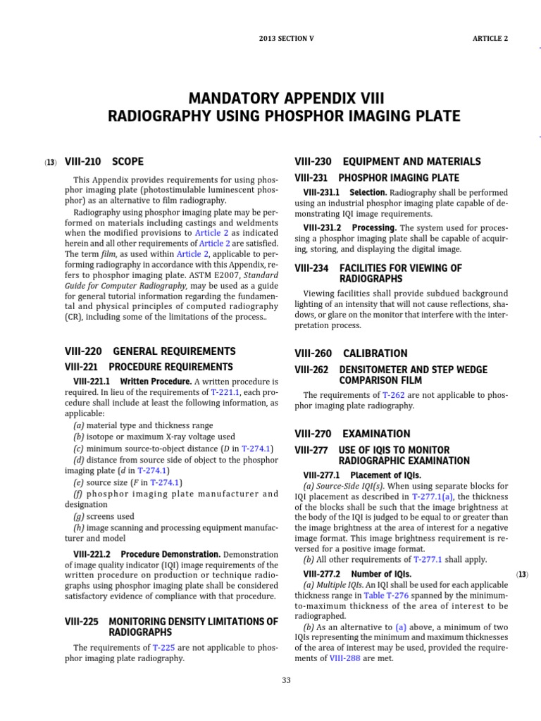Mandatory Appendix Viii Asme V PDF PDF Radiography Digital Image