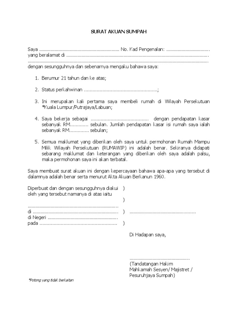 Contoh Surat Akuan Sumpah Lhdn