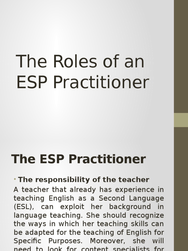 Roles of an ESP Teacher | PDF | English As A Second Or Foreign Language ...