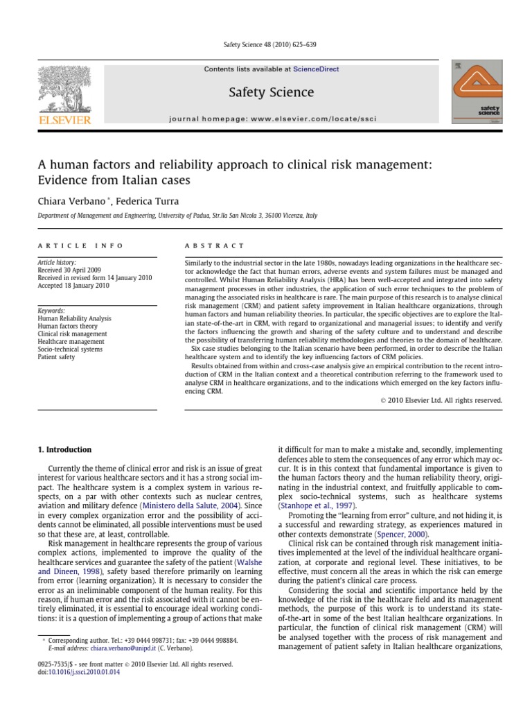 A Human Factors and Reliability Approach To Clinical Risk Management ...