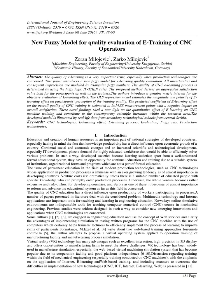 New Fuzzy Model For Quality Evaluation of E-Training of CNC Operators ...