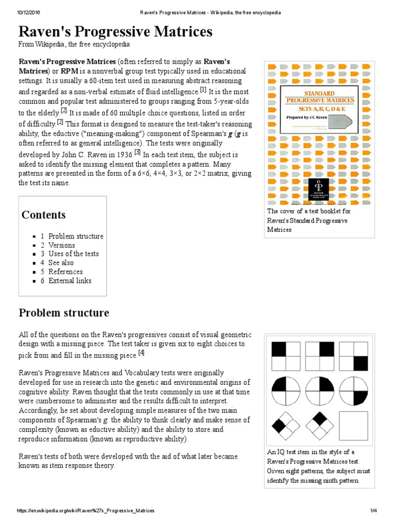 Raven's Progressive Matrices Neuropsychological Assessment Pedagogy