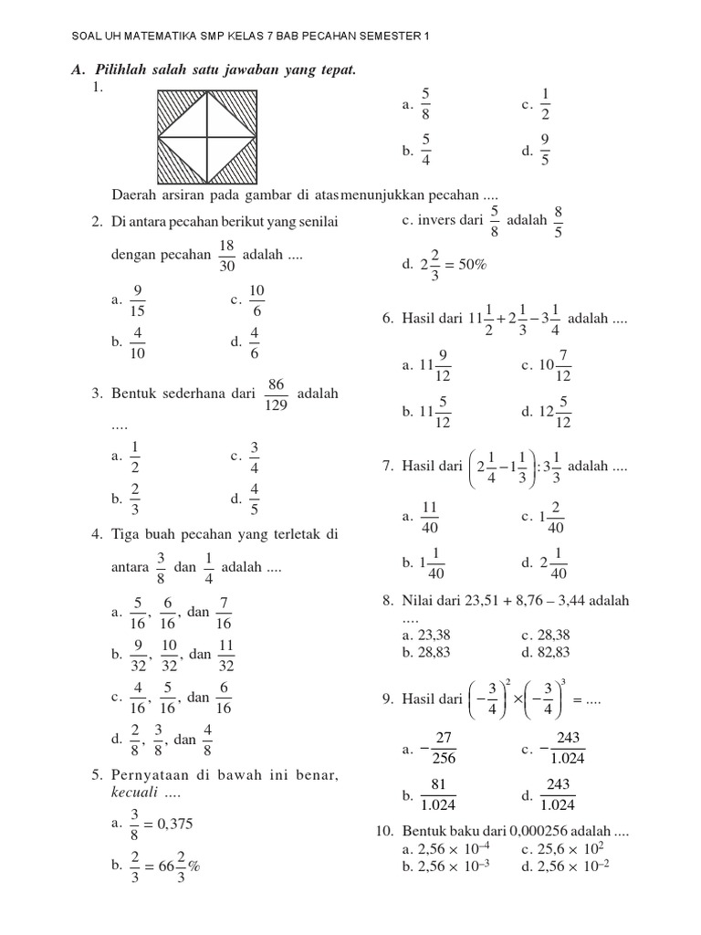  Soal  Uh Mtk Smp  Kelas  7 Bab Pecahan Semester 1