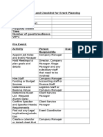 Timeline and Checklist For Event Planning Event Name Date Location/Venue(s) Description Purpose/Theme Time Number of Guests/audience VIP's Pre Event: Activity Person Responsible Due Date