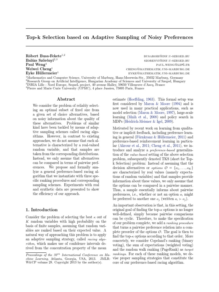 Top-K Selection Based On Adaptive Sampling of Noisy Preferences | PDF ...