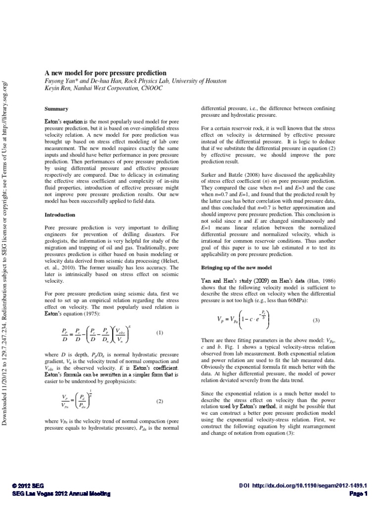 2012 Yan SEG New Model Pore Pressure | PDF | Porosity | Prediction
