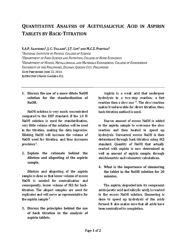 QUANTITATIVE ANALYSIS OF ACETYLSALICYLIC ACID IN ASPIRIN TABLETS BY