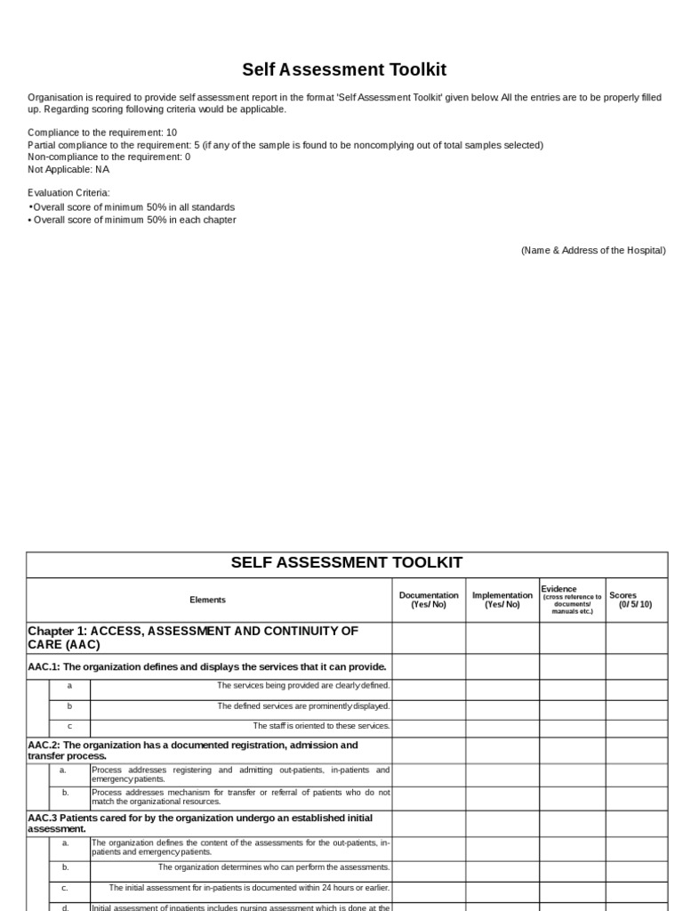 Self Assessment Toolkit | PDF | Medical Record | Patient