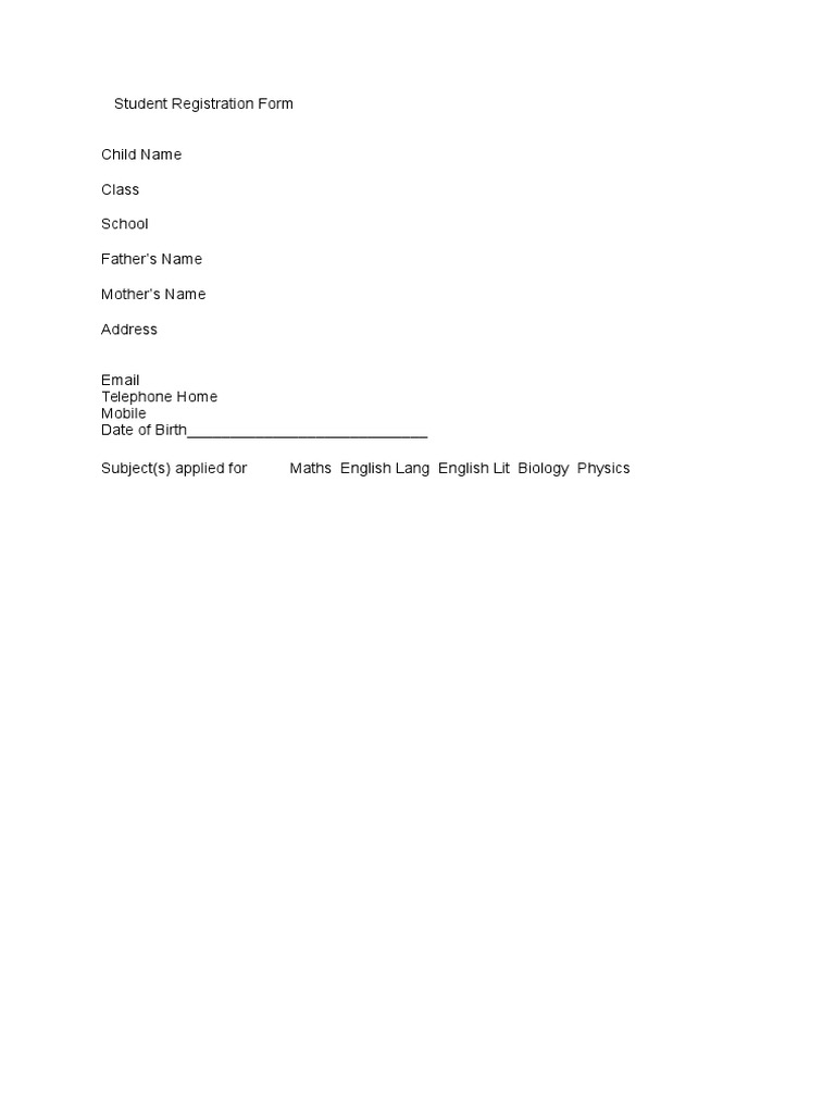 Student Registration Form Template | PDF | Language Arts & Discipline ...
