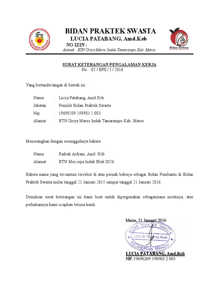 Surat Pengalaman Kerja Bidan