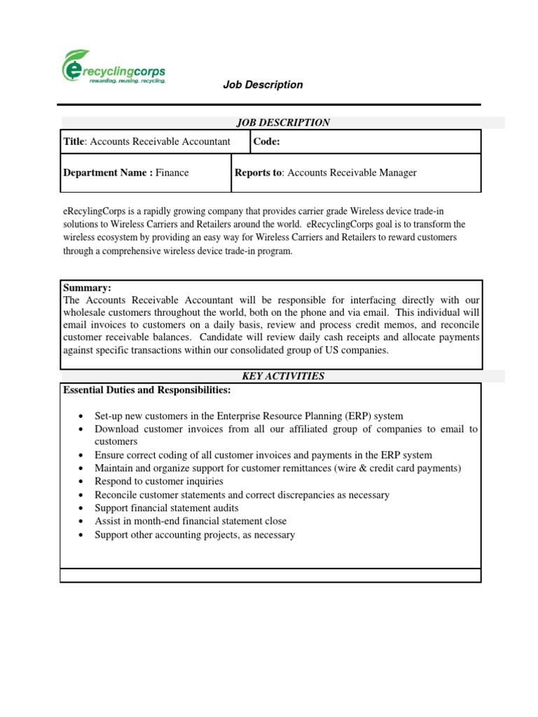 Accounts Receivable Job Description PDF Accounting Enterprise