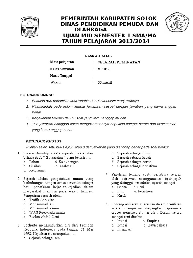 Soal Ujian Sejarah Kelas X SMA ( Peminatan )
