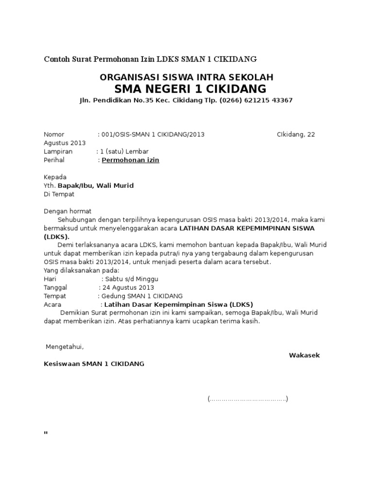 Contoh Surat Permohonan Izin Ldks Sman 1 Cikidang