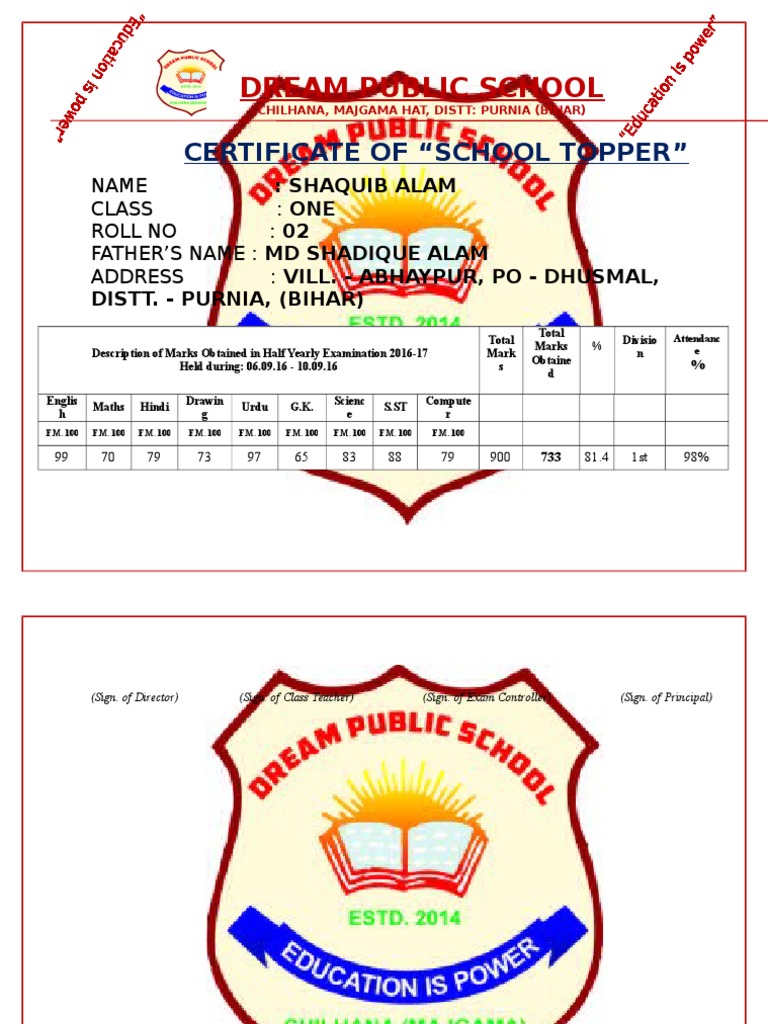 School Topper Certificate: Shaquib Alam | PDF