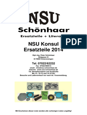 NSU Konsul I II 1 2 351 501 OS-T Ersatzteilliste Ersatzteilkatalog Parts Catalog 
