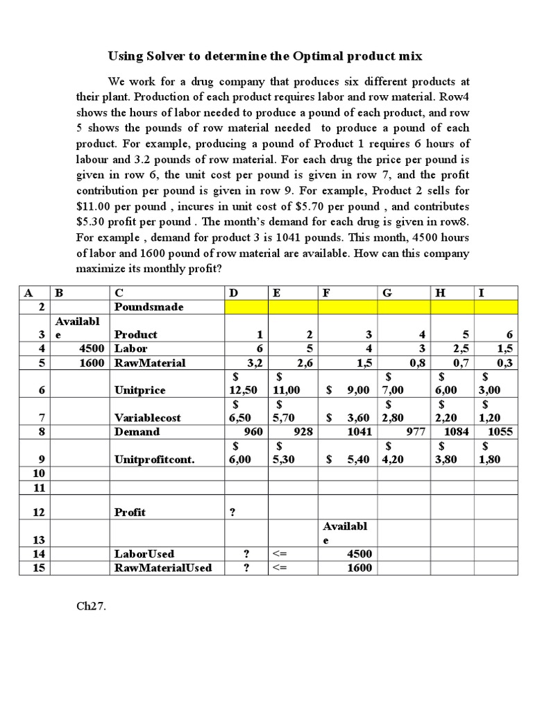 Using Solver To Determine The Optimal Product Mix PDF Labour