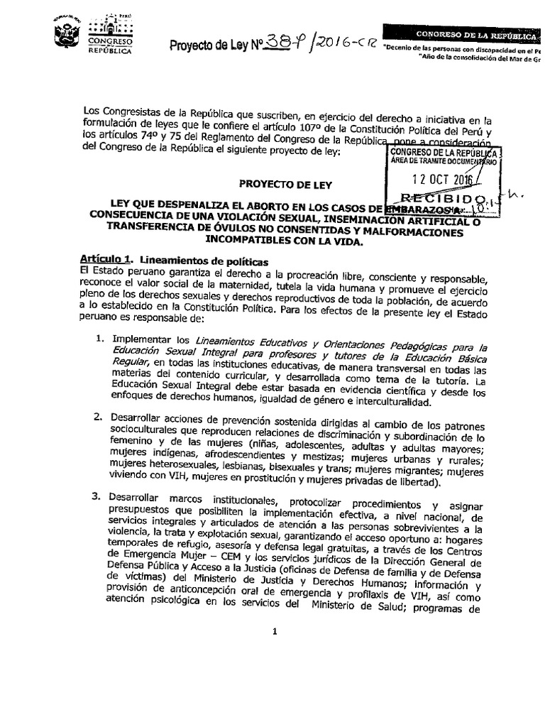 Proyecto de Ley Que Despenaliza El Aborto | PDF