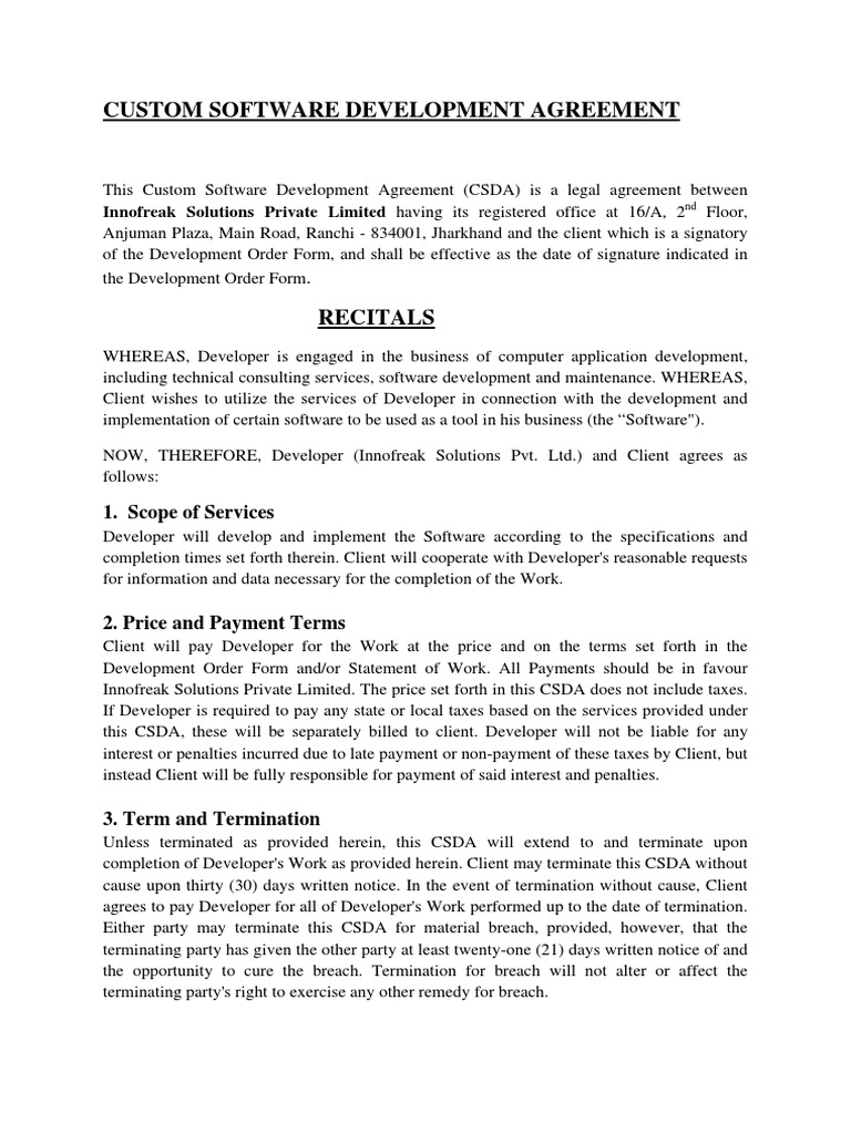Custom Software Development Agreement | PDF | License | Indemnity