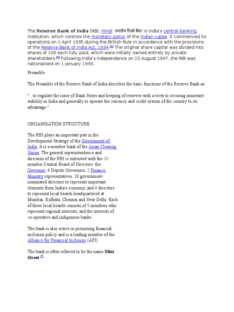 Overview of Reserve Bank of India | PDF | Reserve Bank Of India | Banks