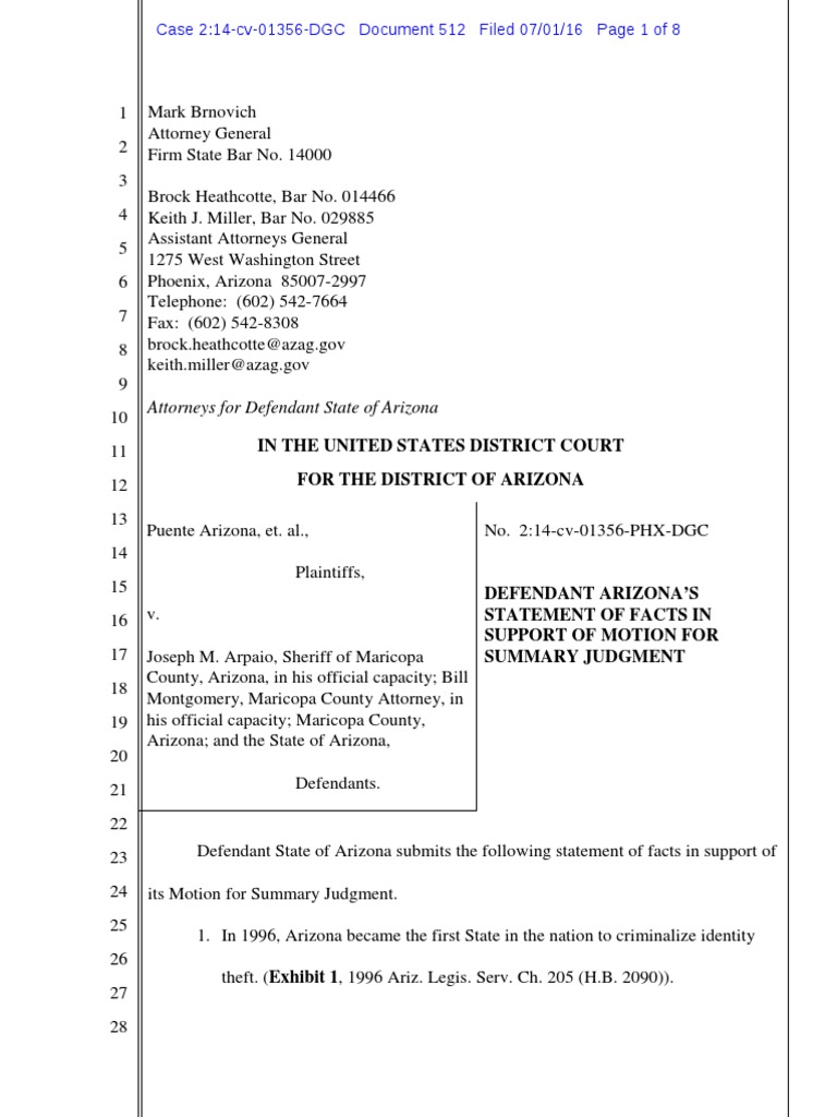 Puente_Arizona_et_al_v._arpai STATEMENT of FACTS in Support of 510