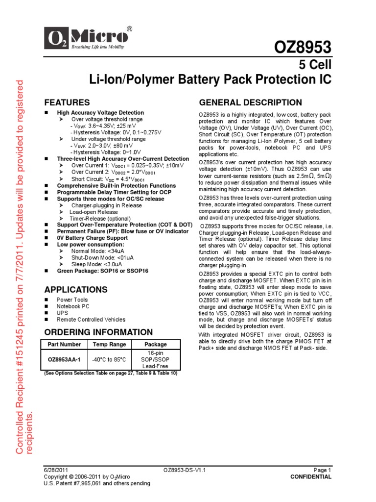 OZ8953 O2Micro | Download Free PDF | Mosfet | Battery Charger