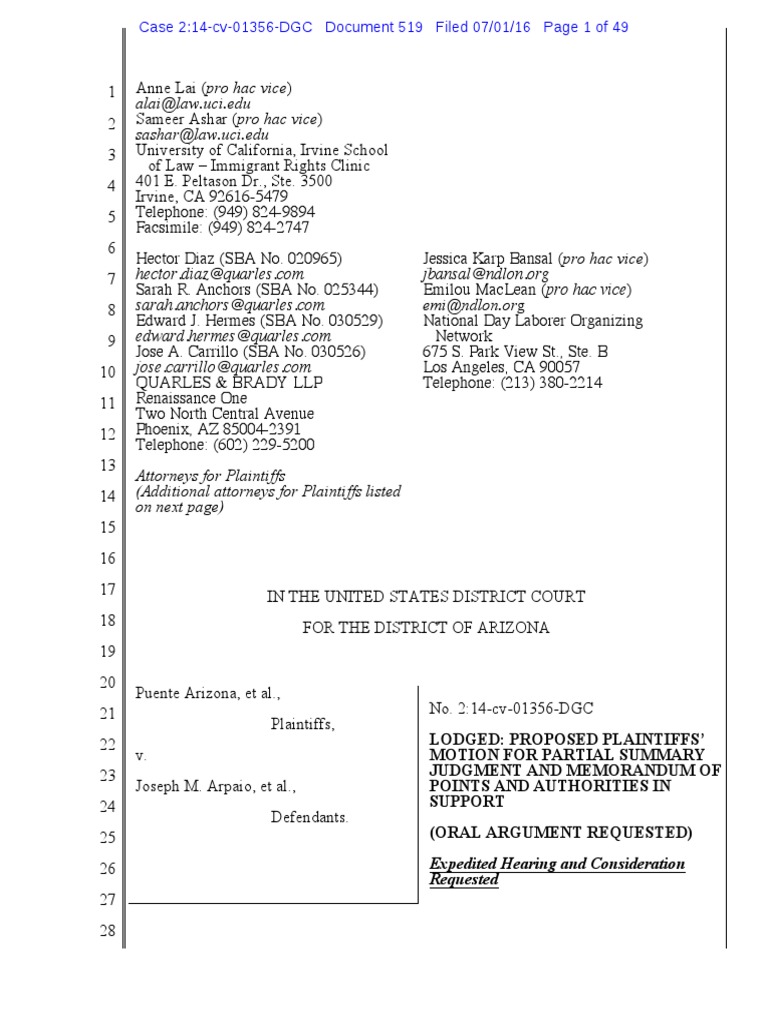 Puente Arizona Et Al v. Arpai Proposed Plaintiffs' Motion For