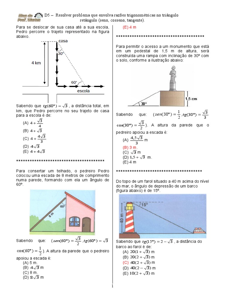 Exercícios de Razões Trigonométricas | PDF | Trigonometria | Triângulo