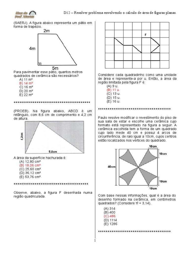 D12 - Resolver Problema Envolvendo o Cálculo de Área de Figuras Planas ...