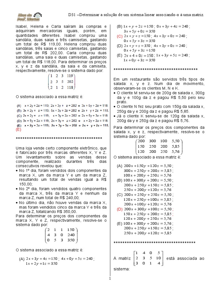 D31 - Determinar A Solução de Um Sistema Linear Associando-O À Uma ...