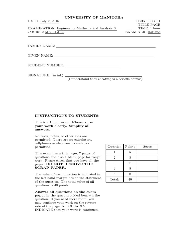 MATH 3132 Engineering Analysis Exam | PDF | Test (Assessment) | Calculus