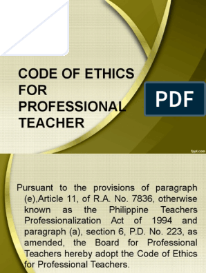 Code Of Ethics For Professional Teachers Philippines Pdf Teachers Oath Of Office