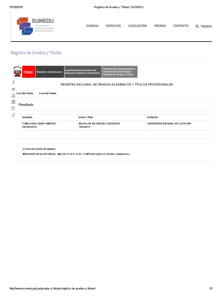 Registro de grados y t tulos sunedu