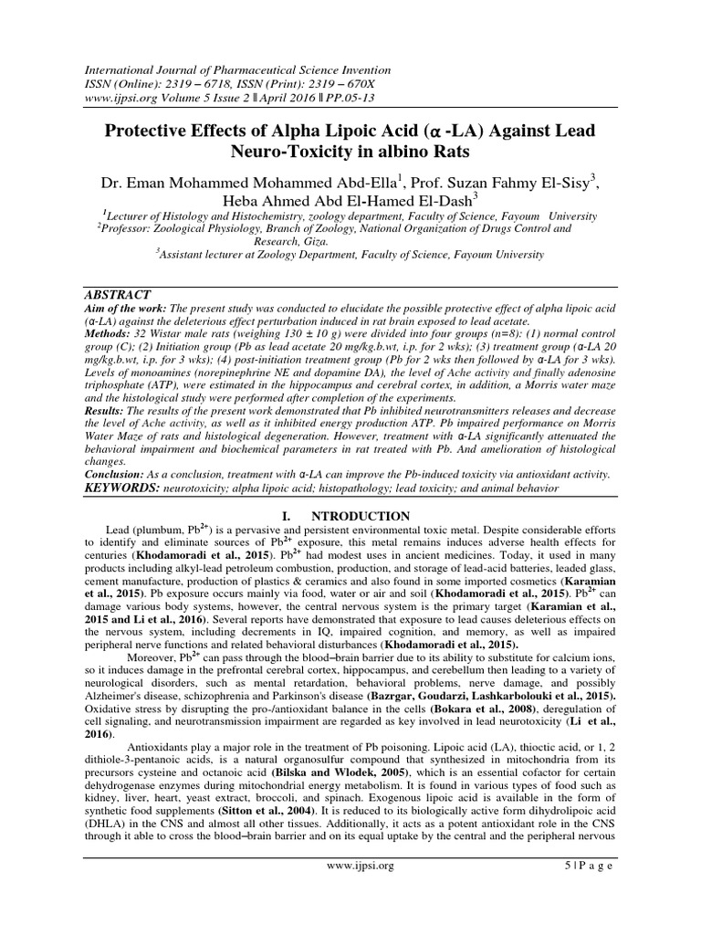 Protective Effects of Alpha Lipoic Acid (α -LA) Against Lead Neuro ...