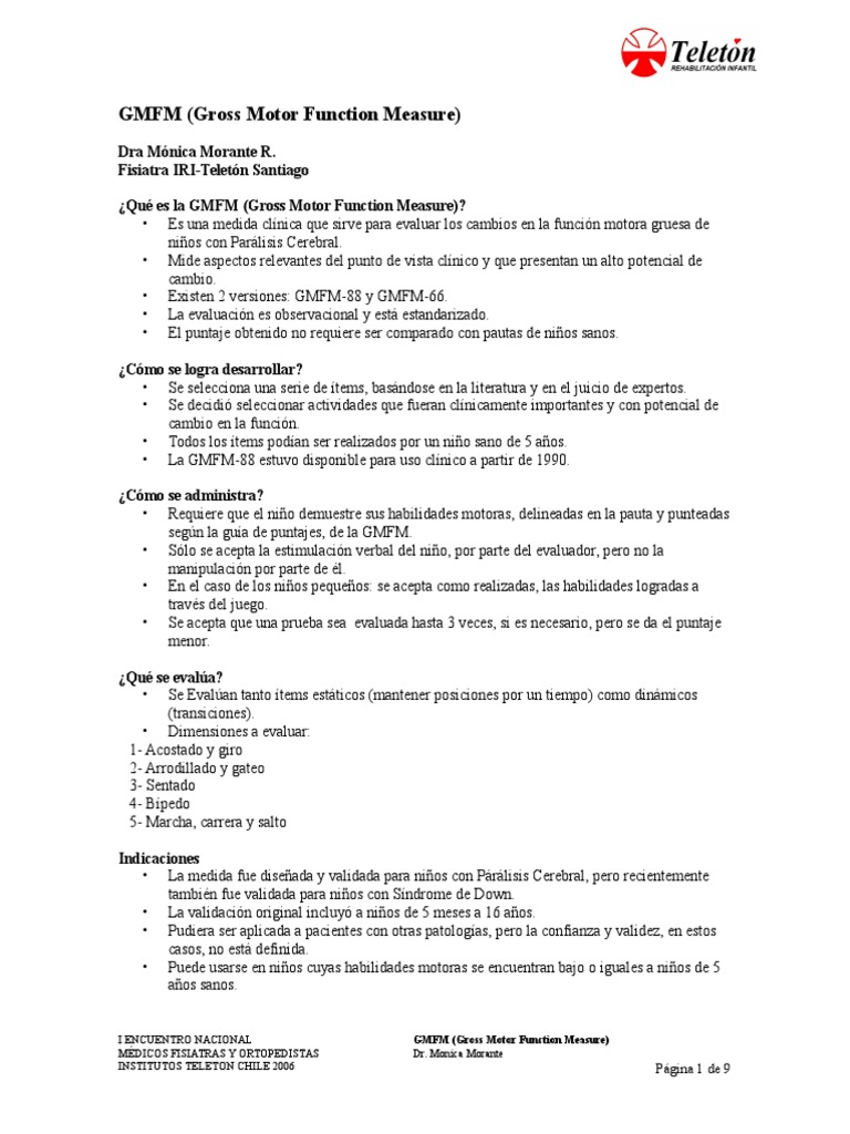 GMFM (Gross Motor Function Measure) | PDF | Parálisis cerebral | Cerebro