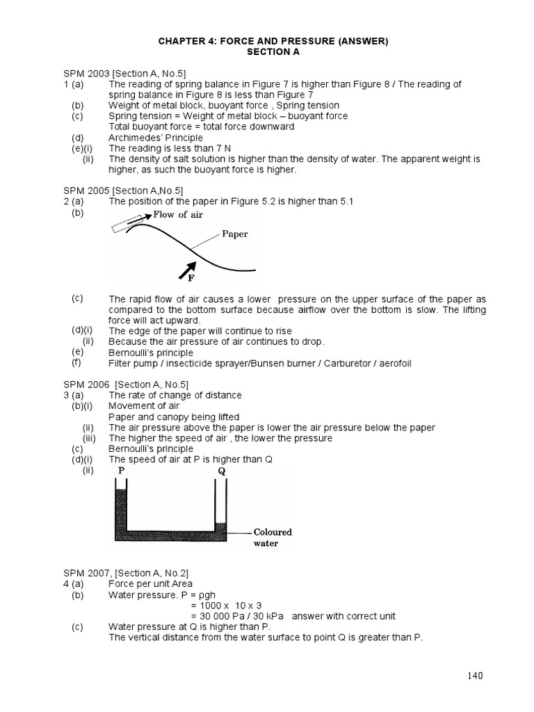 Chapter 4: Force and Pressure (Answer) Section A | PDF | Teaching ...