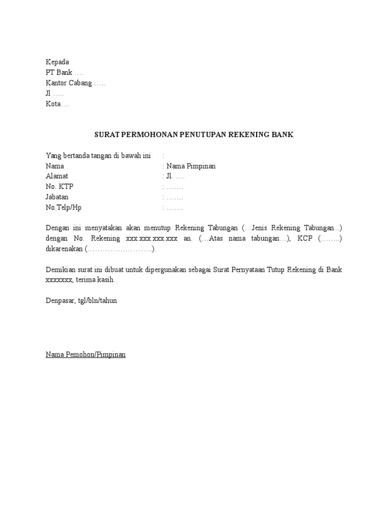 Surat Permohonan Penutupan Rekening Bank Perusahaan Pdf