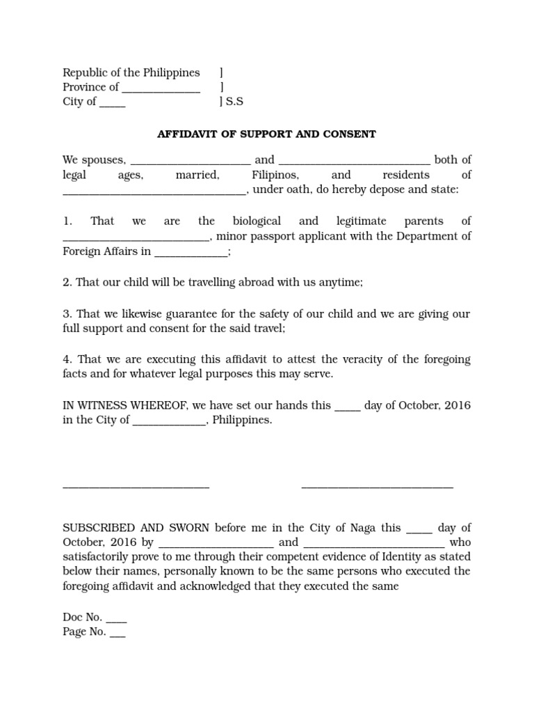 Affidavit of Support and Consent for Minor | PDF
