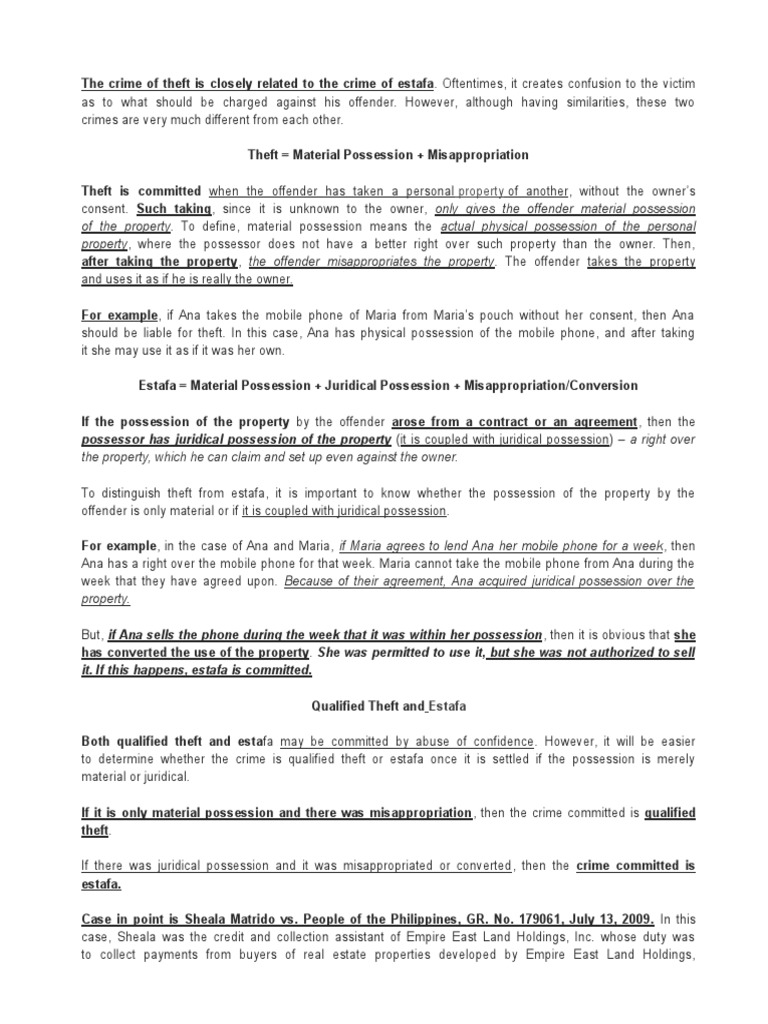 Distinguishing Theft and Estafa | PDF | Theft | Fraud